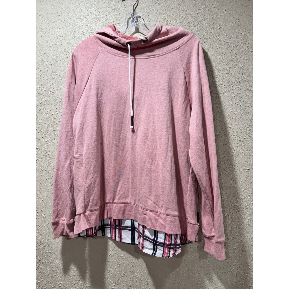 Maurices Pink Hooded Sweatshirt Plaid Layered Hem Pullover Hoodie Womens Large